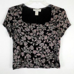 Vintage Ronni Nicole Ouida Short Sleeve Tee PL Black White Floral Pink Glitter